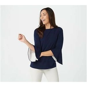 Susan Graver Liquid Knit Belle Sleeve Top Pop Lining XL Navy Blue/Ivory NEW
